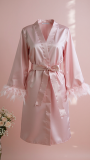 Robe 401 -Blush Pink Satin Robe with Feather Trim Erotica