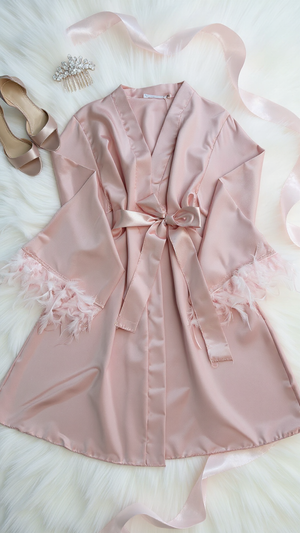 Robe 401 -Blush Pink Satin Robe with Feather Trim Erotica