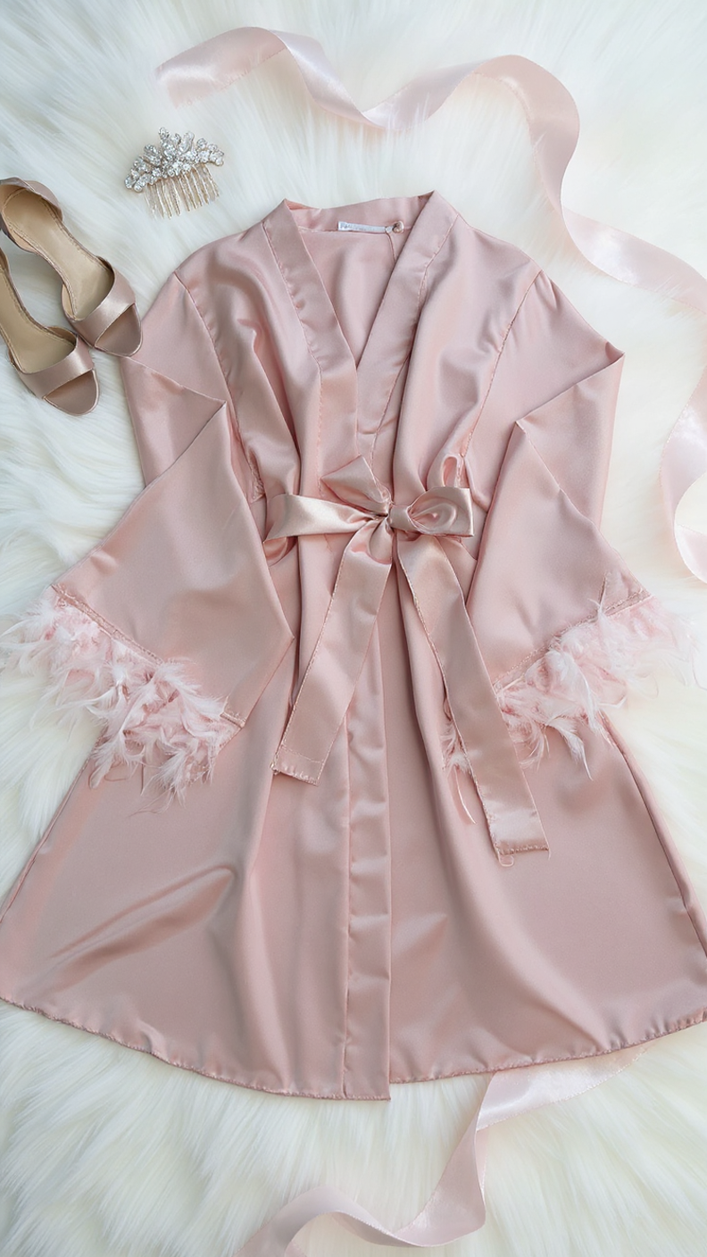 Robe 401 -Blush Pink Satin Robe with Feather Trim Erotica