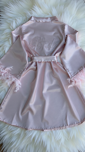 Robe 401 -Blush Pink Satin Robe with Feather Trim Erotica