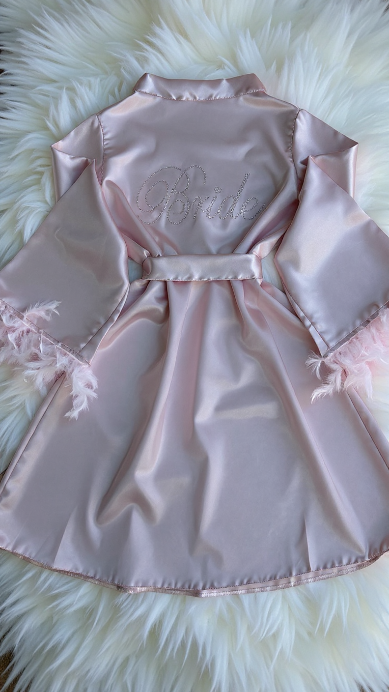 Robe 401 -Blush Pink Satin Robe with Feather Trim Erotica