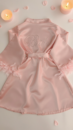 Robe 401 -Blush Pink Satin Robe with Feather Trim Erotica