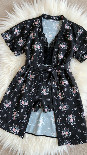 Pajama set 316 -Floral Satin & Lace 3-Piece Nightwear Set – Robe, Bralette & short Erotica