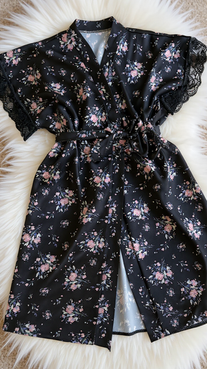 Pajama set 316 -Floral Satin & Lace 3-Piece Nightwear Set – Robe, Bralette & short Erotica