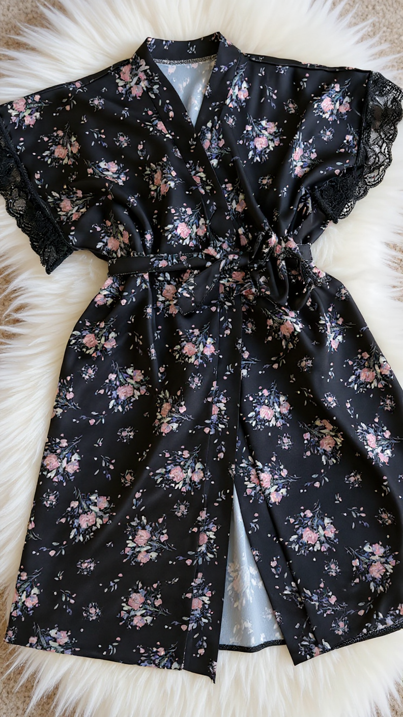 Pajama set 316 -Floral Satin & Lace 3-Piece Nightwear Set – Robe, Bralette & short Erotica