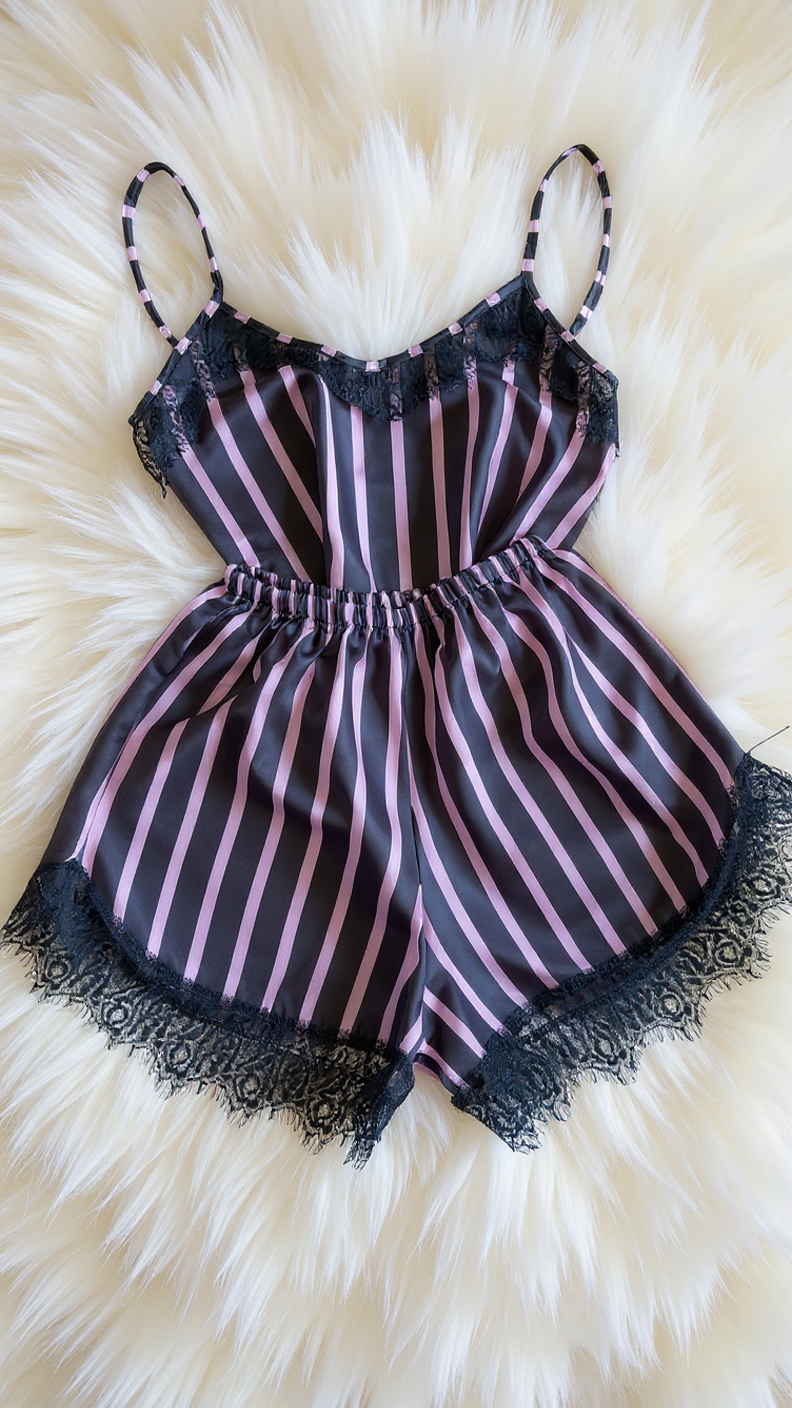 Nightsuit 155 -Striped Satin Nightwear Set with Elegant Lace Detail Erotica