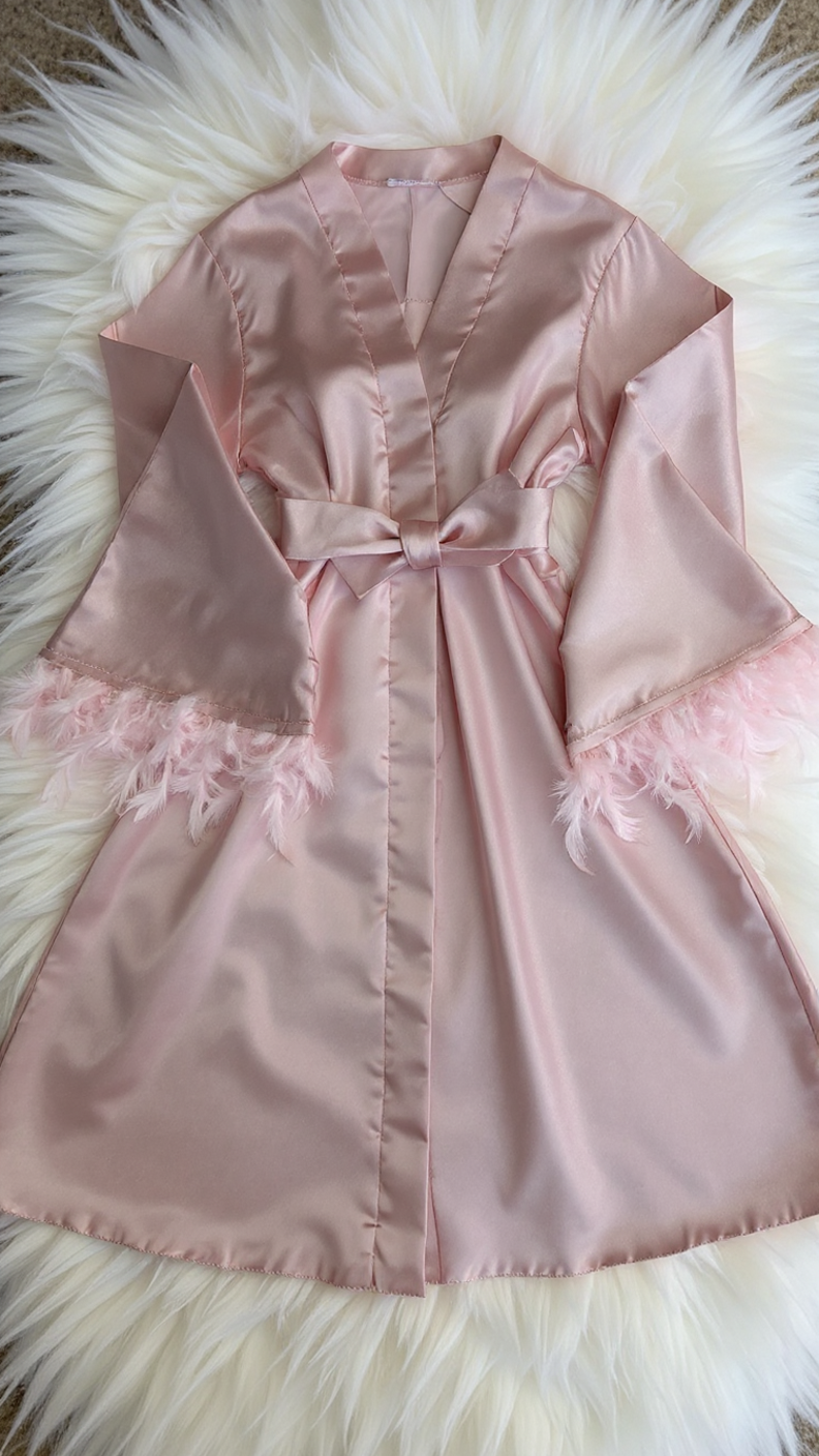 Robe 401 -Blush Pink Satin Robe with Feather Trim Erotica