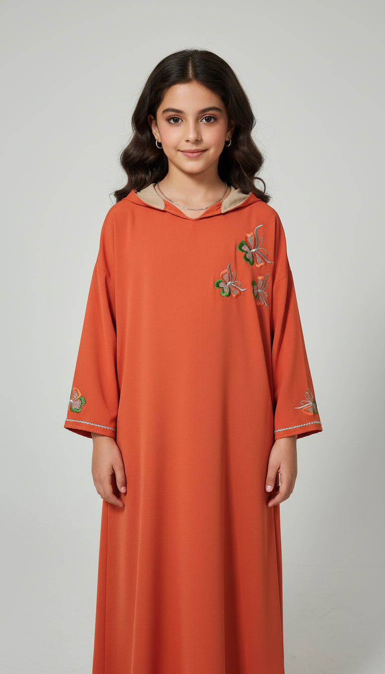 Jellaba Fille – Papillon Princesse Makhzania en Crêpe Roza Orange