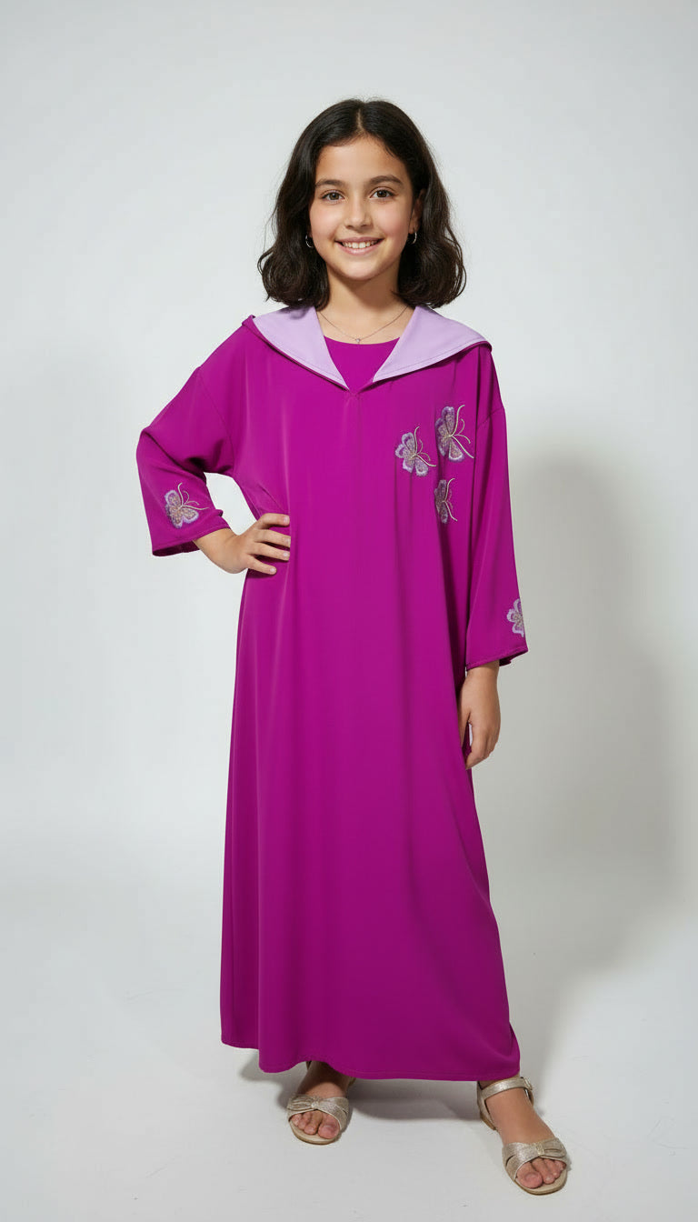 Jellaba Fille – Papillon Princesse Makhzania en Crêpe Roza