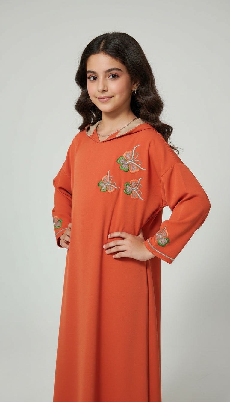 Jellaba Fille – Papillon Princesse Makhzania en Crêpe Roza Orange