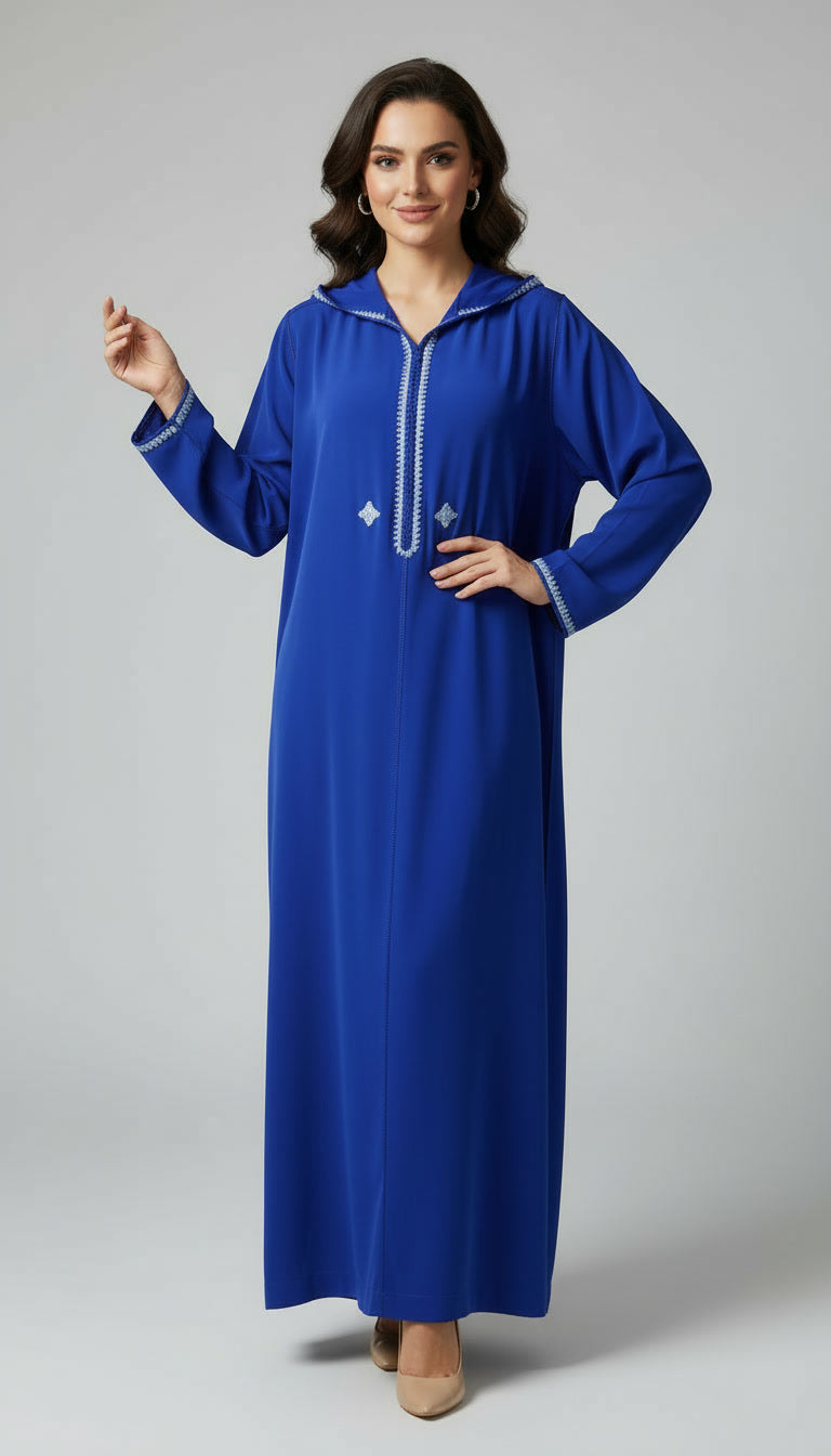 Djellaba Élégante en Crêpe Rosa – Bleu Royal