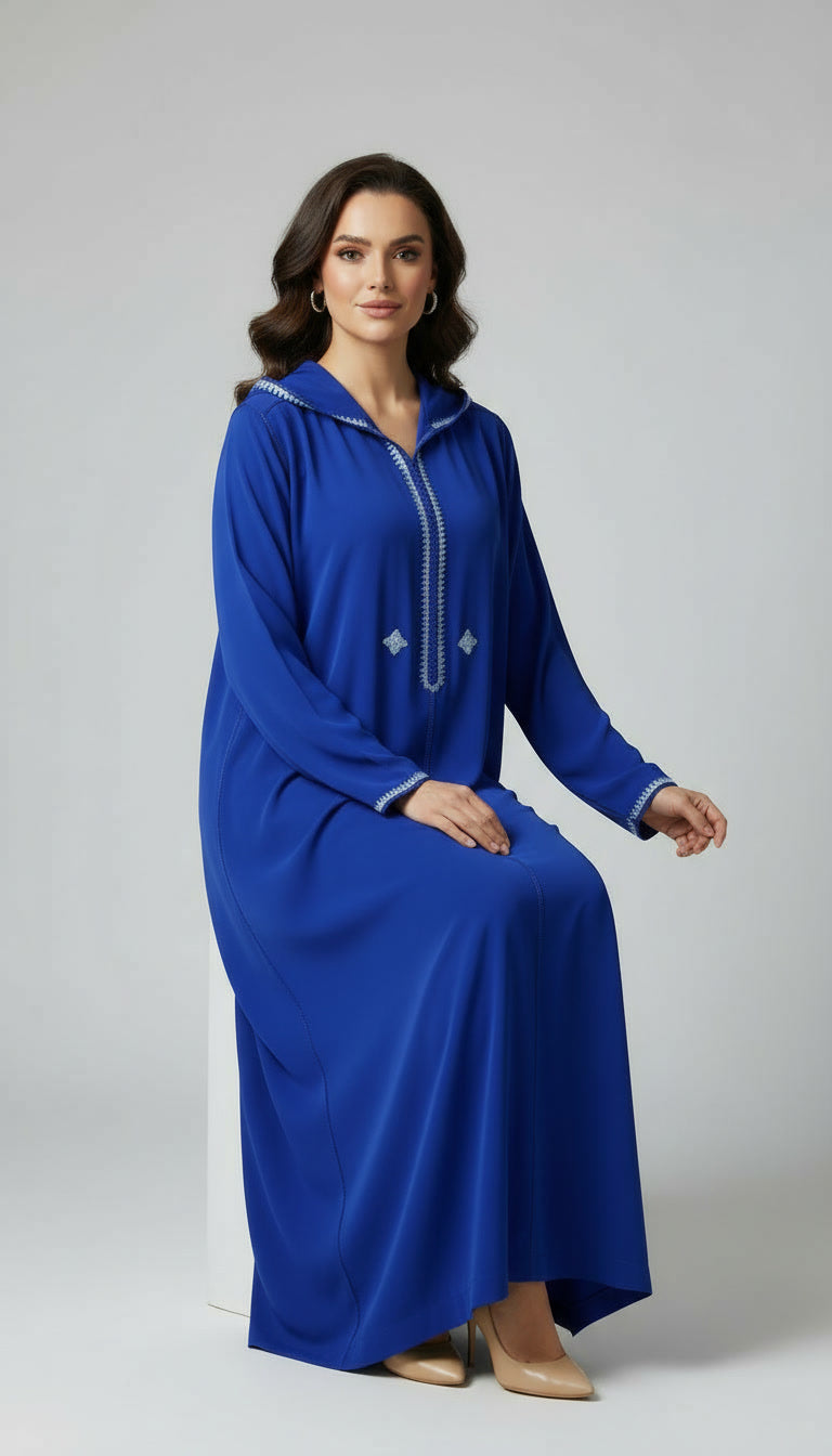 Djellaba Élégante en Crêpe Rosa – Bleu Royal