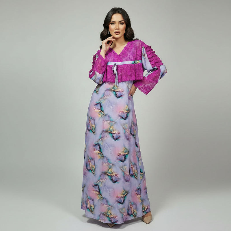 Pyjama Long en Dentelle & Tissu Khayt – Gandoura d'Intérieur Romantique & Élégante