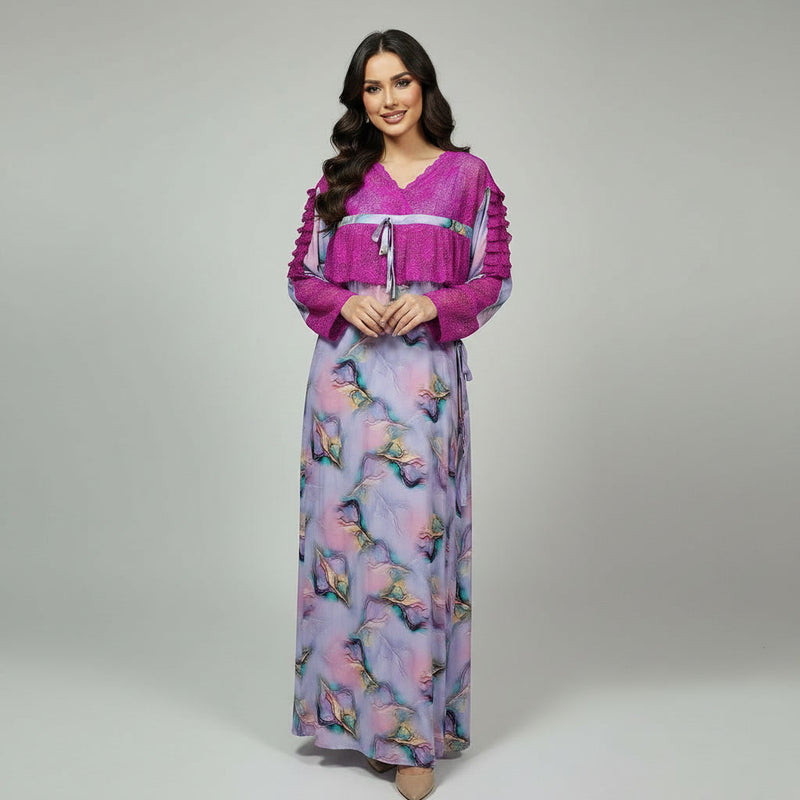 Pyjama Long en Dentelle & Tissu Khayt – Gandoura d'Intérieur Romantique & Élégante