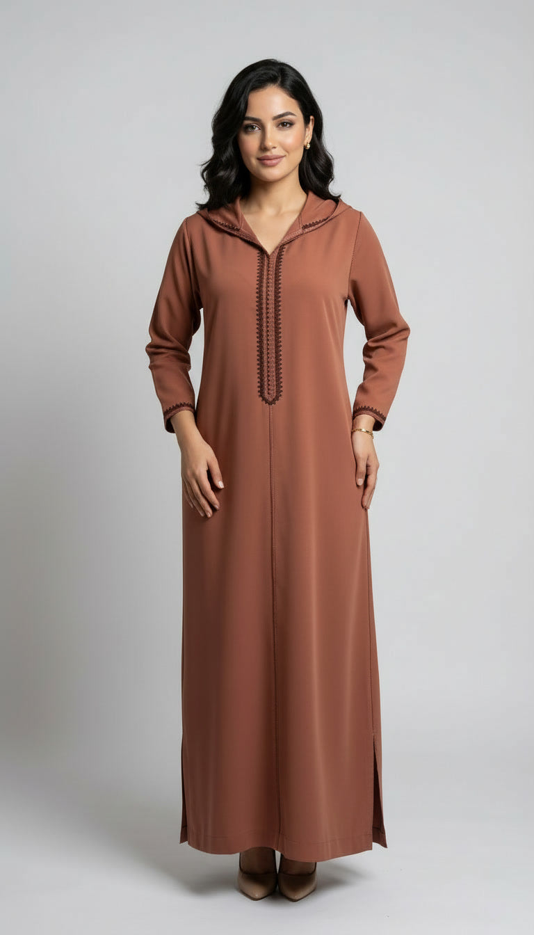 Djellaba Élégante en Crêpe Rosa – Marron Chic