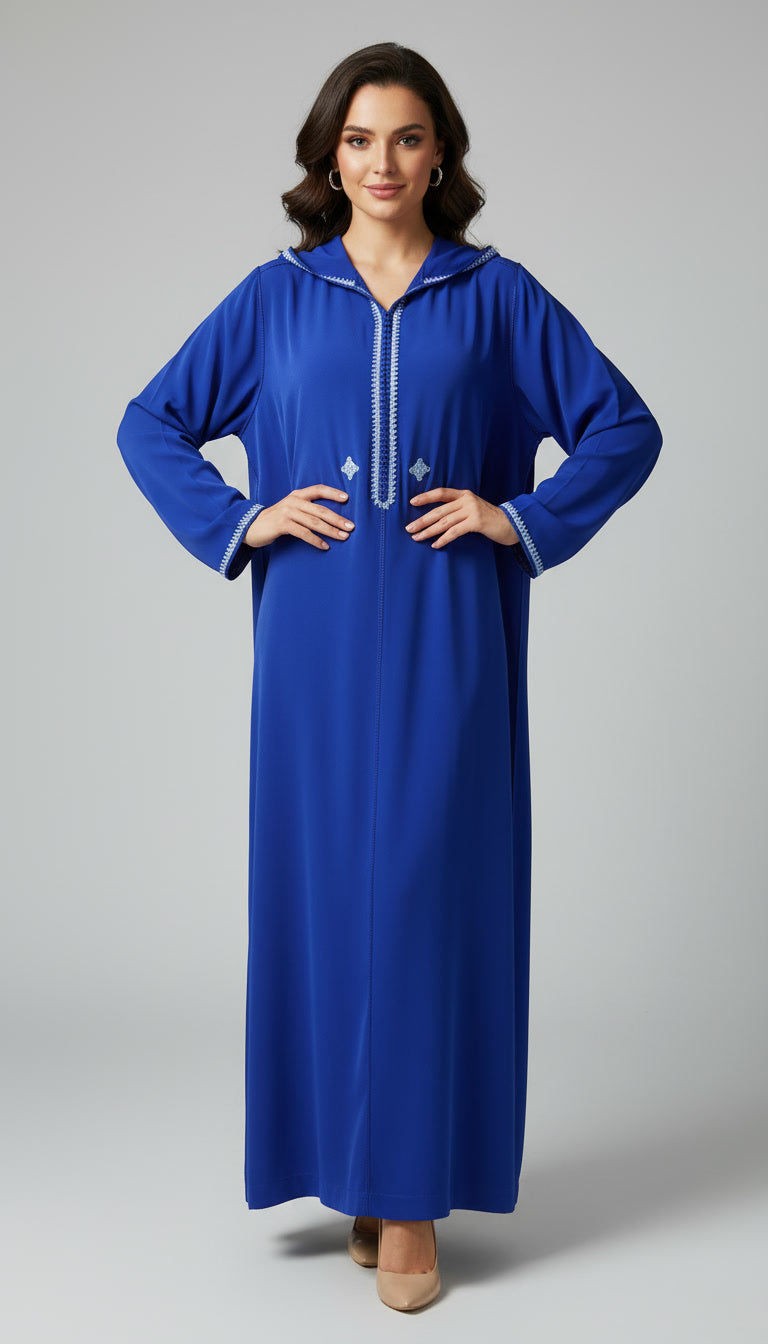Djellaba Élégante en Crêpe Rosa – Bleu Royal