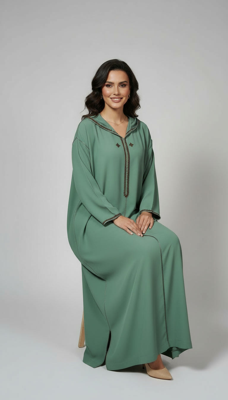 Djellaba Makhzania en Crêpe Rosa – Vert Élégance Royale