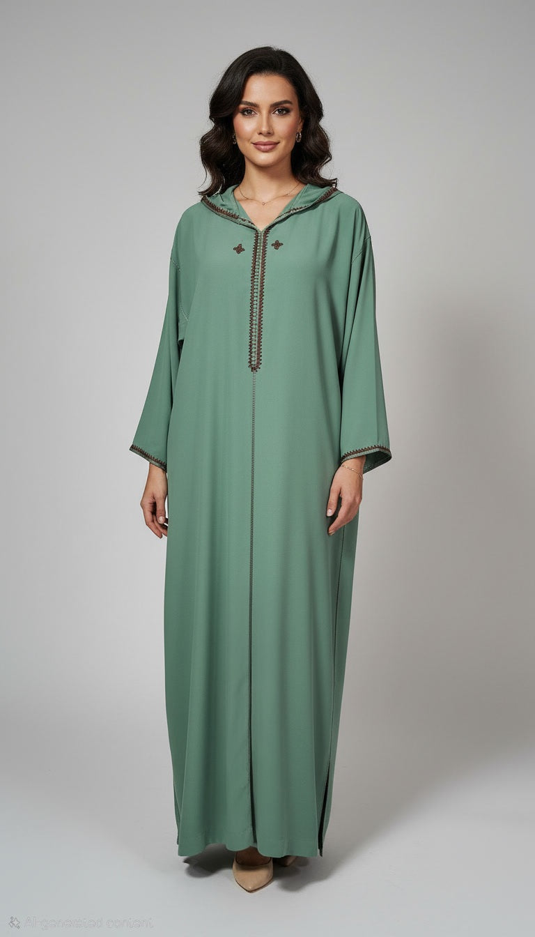 Djellaba Makhzania en Crêpe Rosa – Vert Élégance Royale