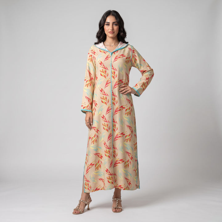 Djellaba Moderne en Lin-Viscose Imprimée – Style Tradition-Chic & Tissu Ultra-Fluide