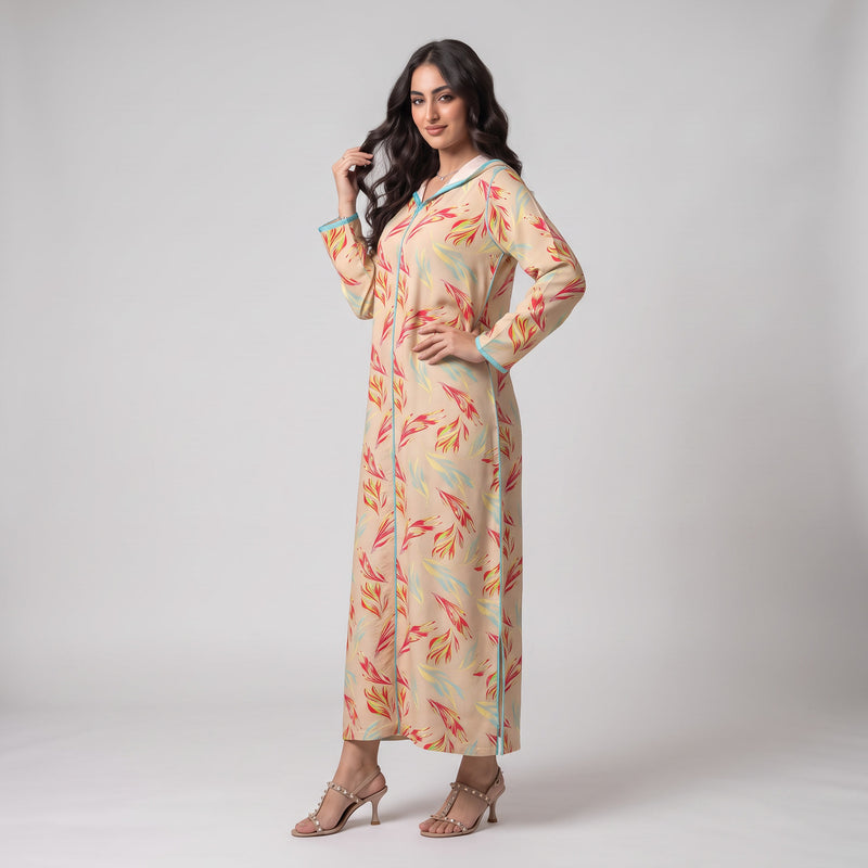 Djellaba Moderne en Lin-Viscose Imprimée – Style Tradition-Chic & Tissu Ultra-Fluide