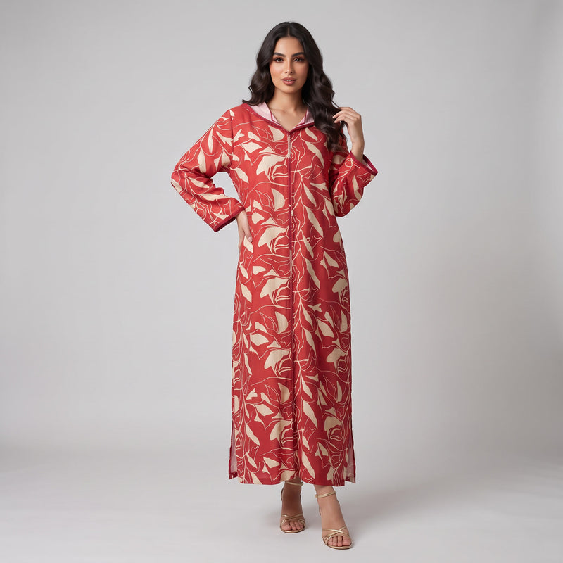 Djellaba Moderne en Lin-Viscose Imprimée – Style Tradition-Chic & Tissu Ultra-Fluide