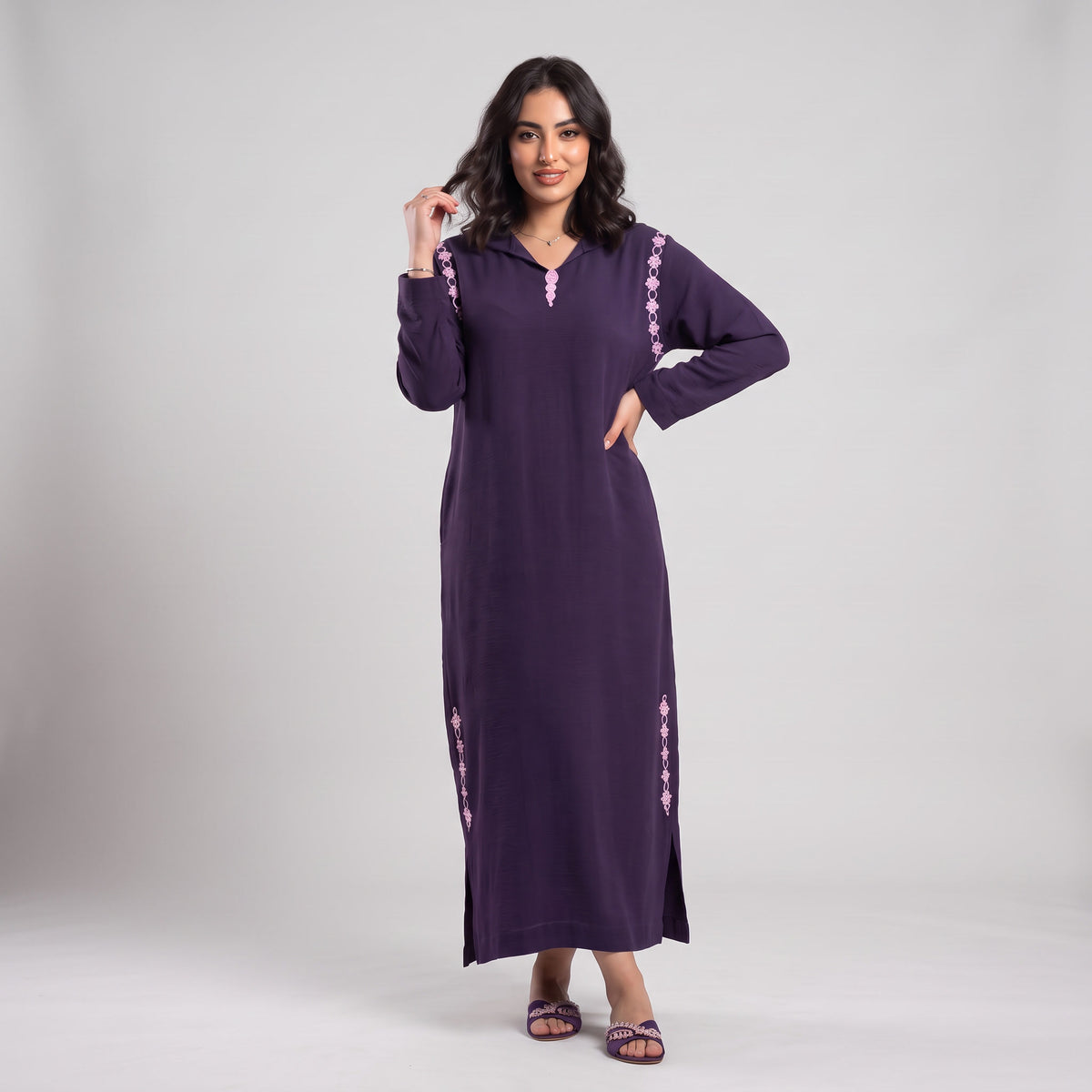 Djellaba Burgundy Bordeaux Violet Tabac Marron en Crêpe Froissé