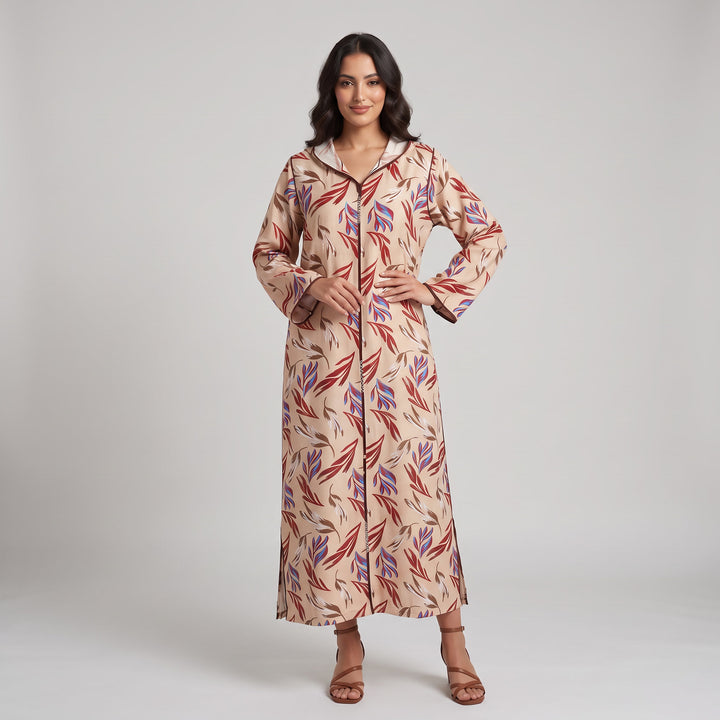 Djellaba Moderne en Lin-Viscose Imprimée – Style Tradition-Chic & Tissu Ultra-Fluide