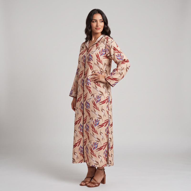 Djellaba Moderne en Lin-Viscose Imprimée – Style Tradition-Chic & Tissu Ultra-Fluide