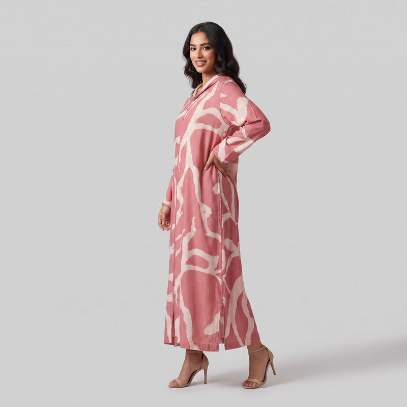 Djellaba Moderne en Lin-Viscose Imprimée – Style Tradition-Chic & Tissu Ultra-Fluide