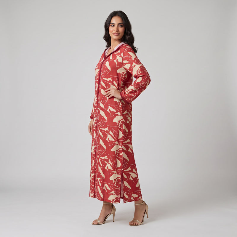Djellaba Moderne en Lin-Viscose Imprimée – Style Tradition-Chic & Tissu Ultra-Fluide