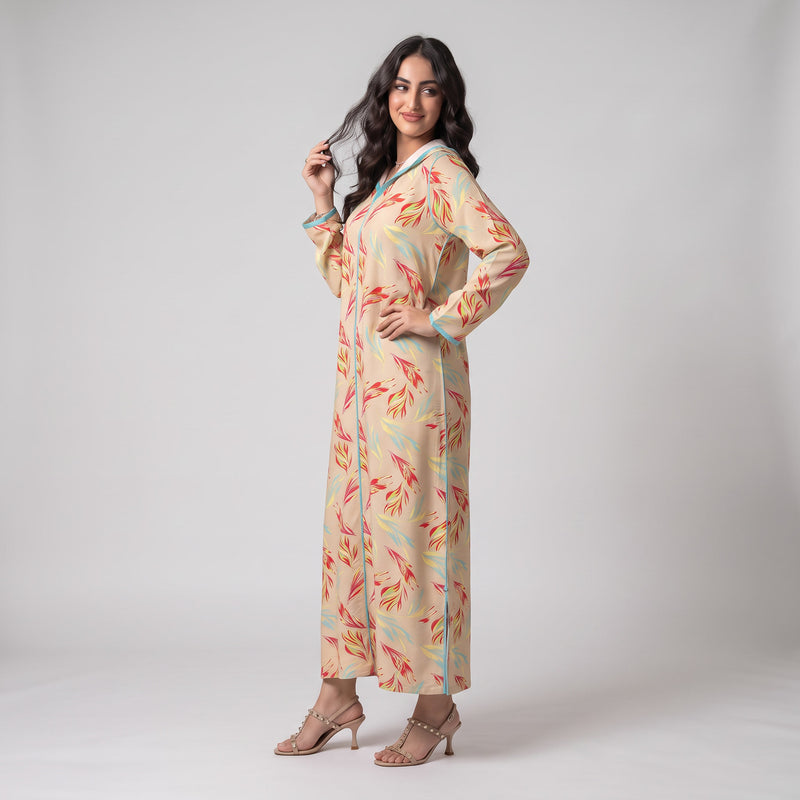 Djellaba Moderne en Lin-Viscose Imprimée – Style Tradition-Chic & Tissu Ultra-Fluide