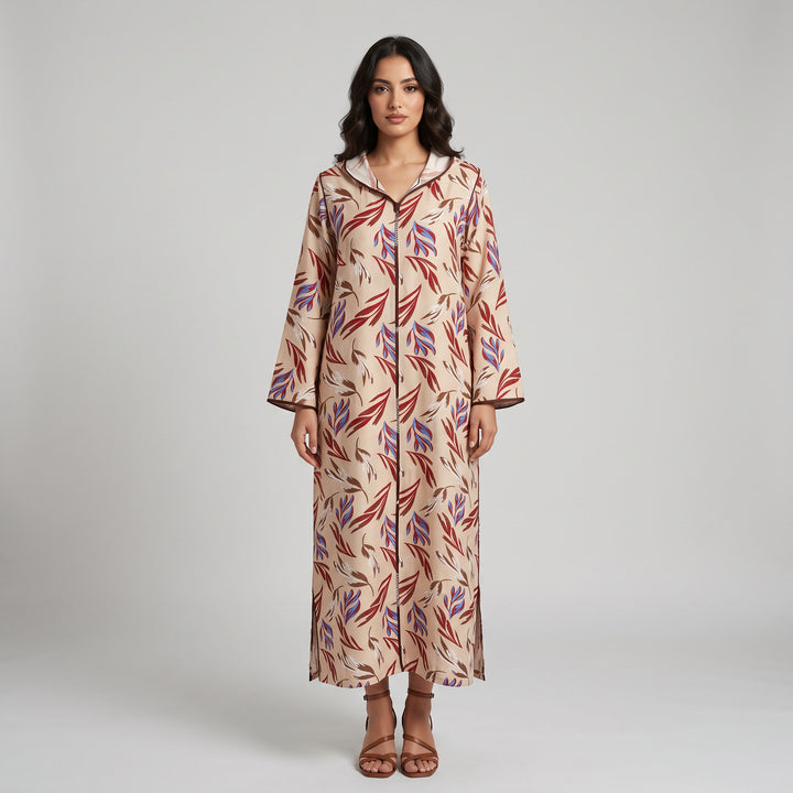 Djellaba Moderne en Lin-Viscose Imprimée – Style Tradition-Chic & Tissu Ultra-Fluide