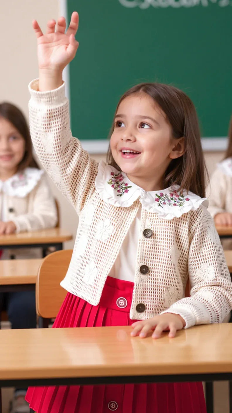Tenue Élégante 3 Pièces pour Fille - Jupe Chic, Blouse Blanche et Veste Tricotée