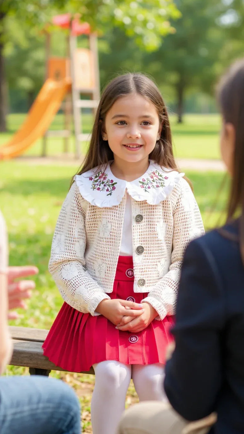Tenue Élégante 3 Pièces pour Fille - Jupe Chic, Blouse Blanche et Veste Tricotée