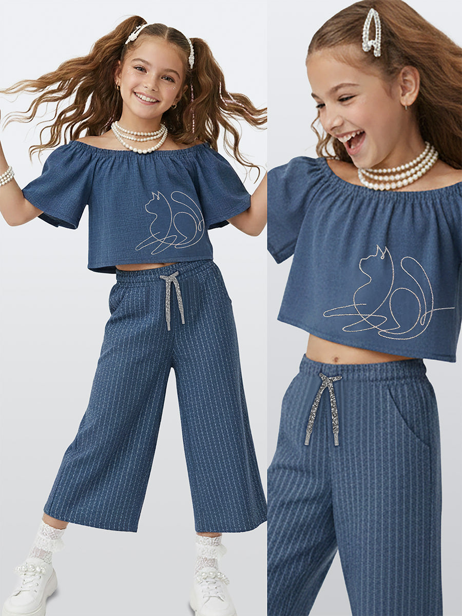 Ensemble Fille 2 Pièces Top Épaules Dénudées & Pantalon Large avec Broderie Chat