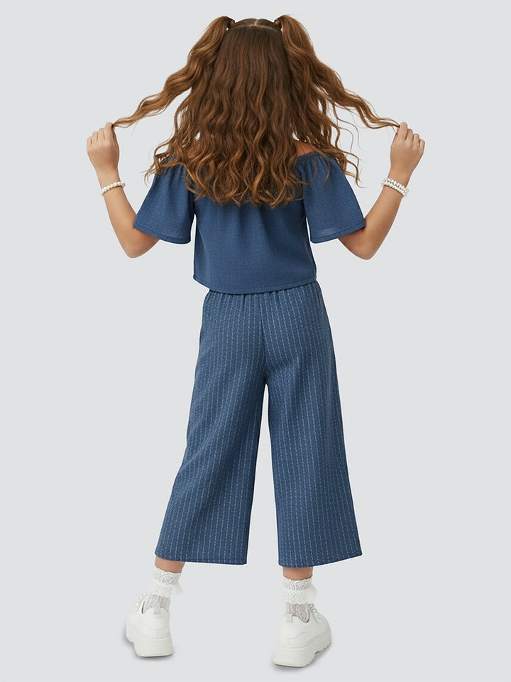 Ensemble Fille 2 Pièces Top Épaules Dénudées & Pantalon Large avec Broderie Chat