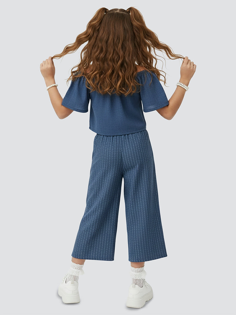 Ensemble Fille 2 Pièces Top Épaules Dénudées & Pantalon Large avec Broderie Chat