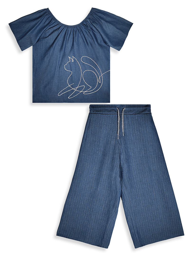 Ensemble Fille 2 Pièces Top Épaules Dénudées & Pantalon Large avec Broderie Chat