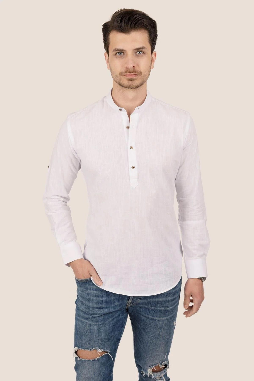 Chemise homme slim fit en lin blanc col mao trois boutons