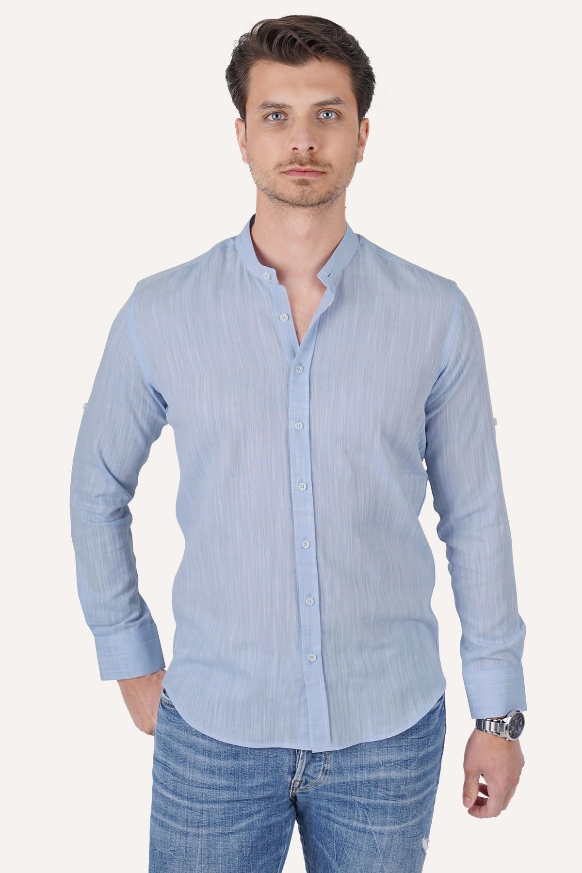 Hakim Yaka Mavi Slimfit Keten Hediye Kutulu Gömlek - Justyol