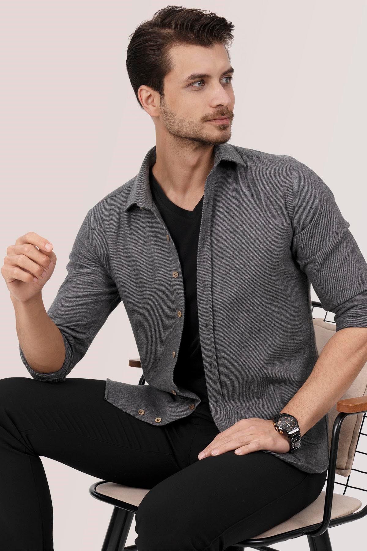 <tc>Chemise slimfit unie grise, style bûcheron, en boîte cadeau - 6488</tc>