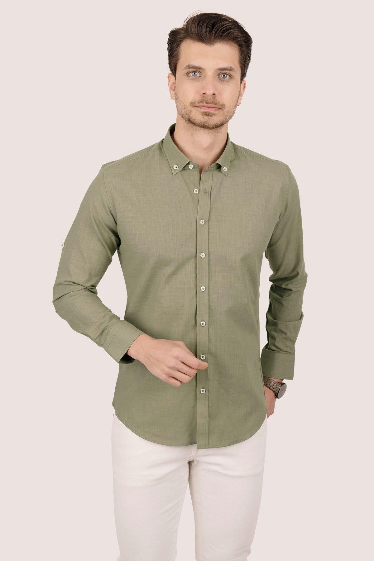 Haki Yaka Düğmeli Keten Slimfit Kutulu Gömlek - Justyol