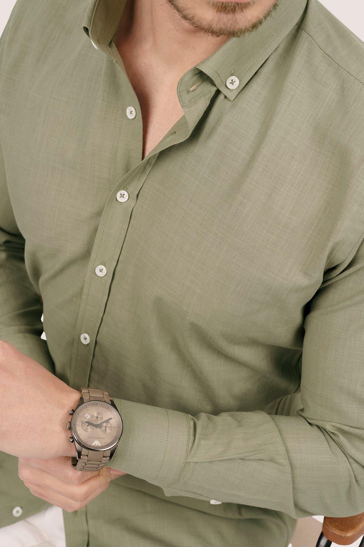 Haki Yaka Düğmeli Keten Slimfit Kutulu Gömlek - Justyol