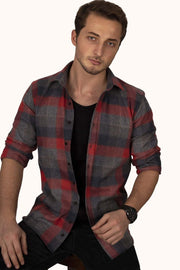 Kırmızı Gri Dama Desenli Oduncu Slimfit Kutulu Gömlek - 6395 - Justyol