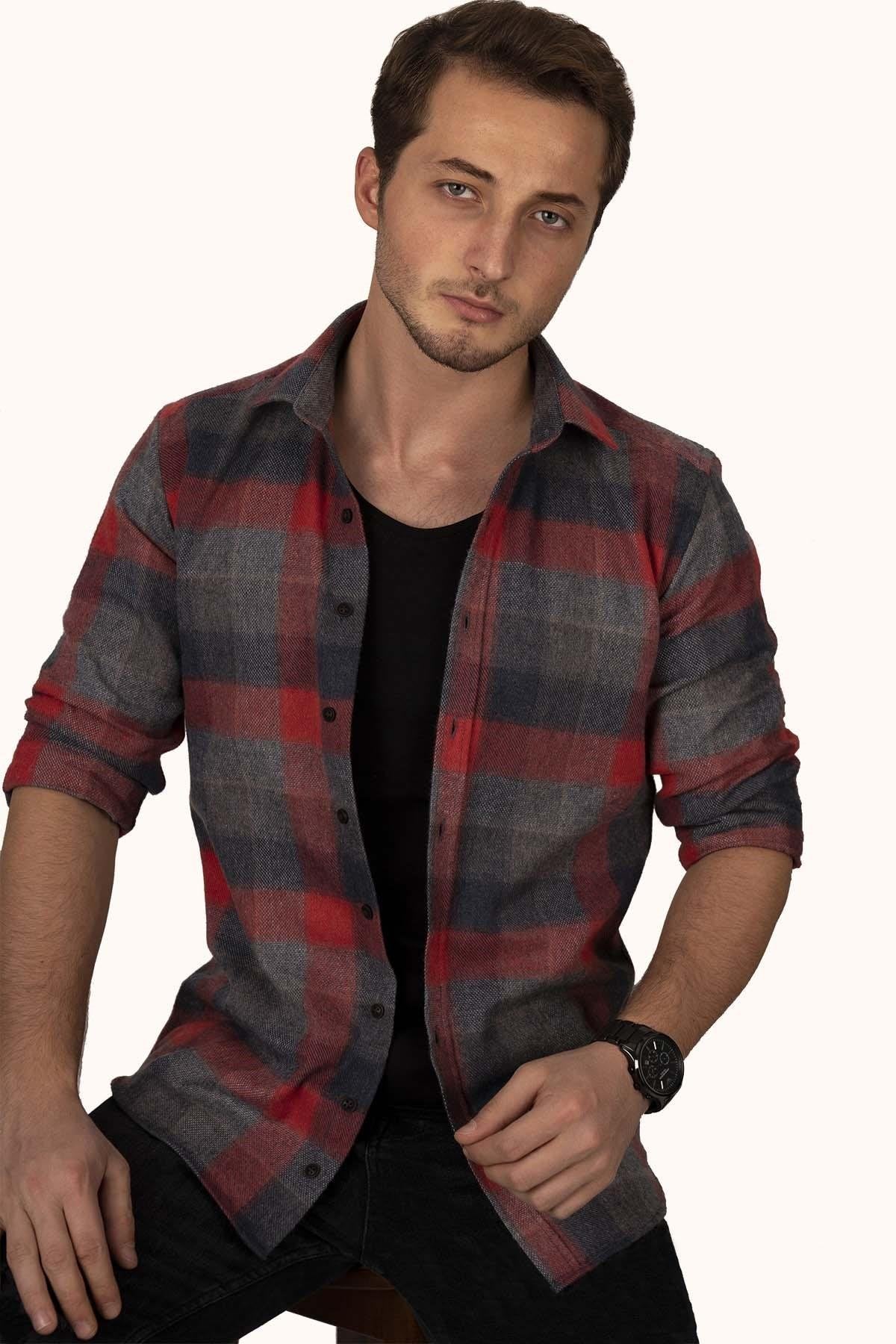 Kırmızı Gri Dama Desenli Oduncu Slimfit Kutulu Gömlek - 6395 - Justyol