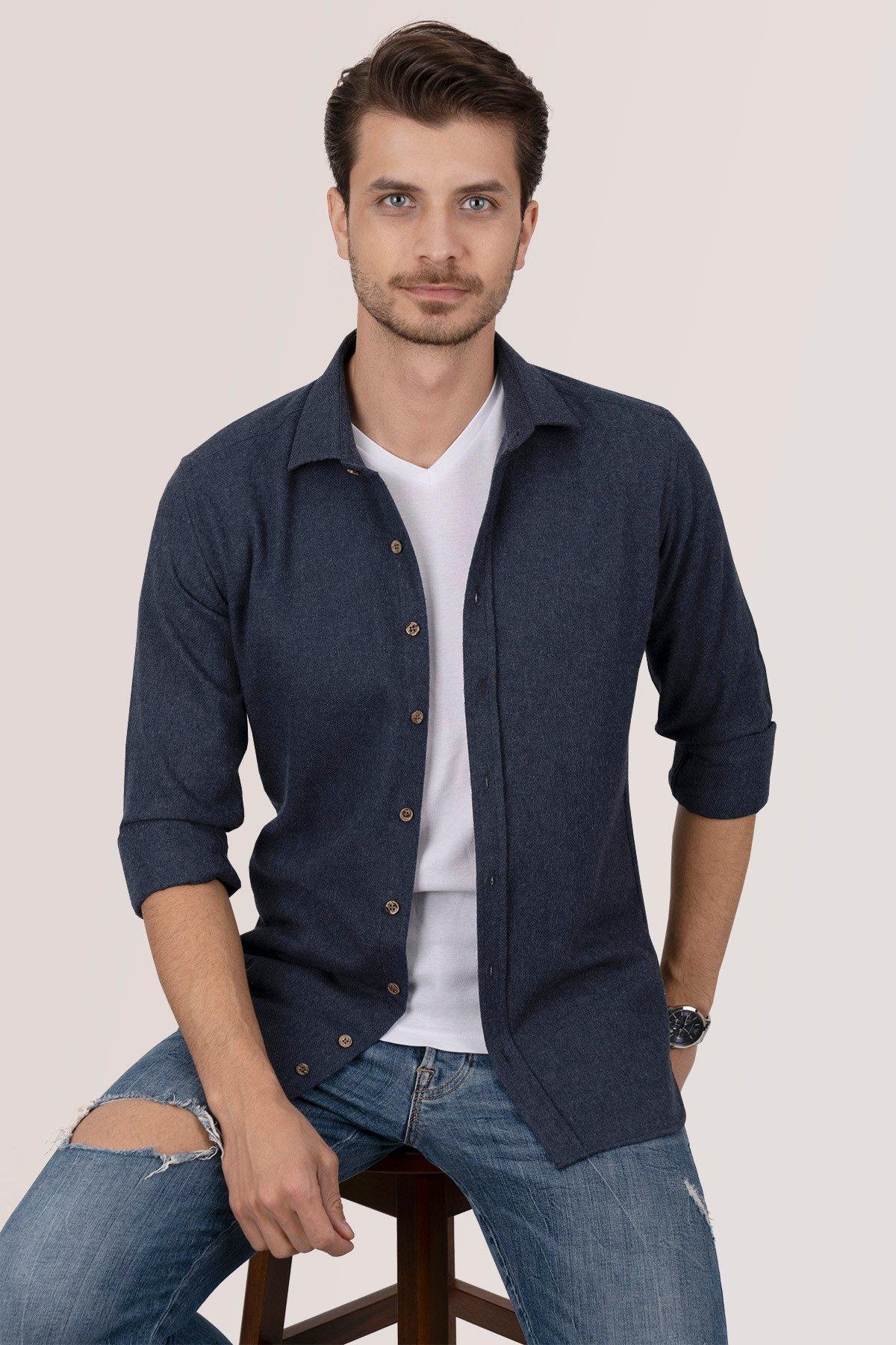 Lacivert Düz Oduncu Slimfit Kutulu Gömlek - 6487 - Justyol