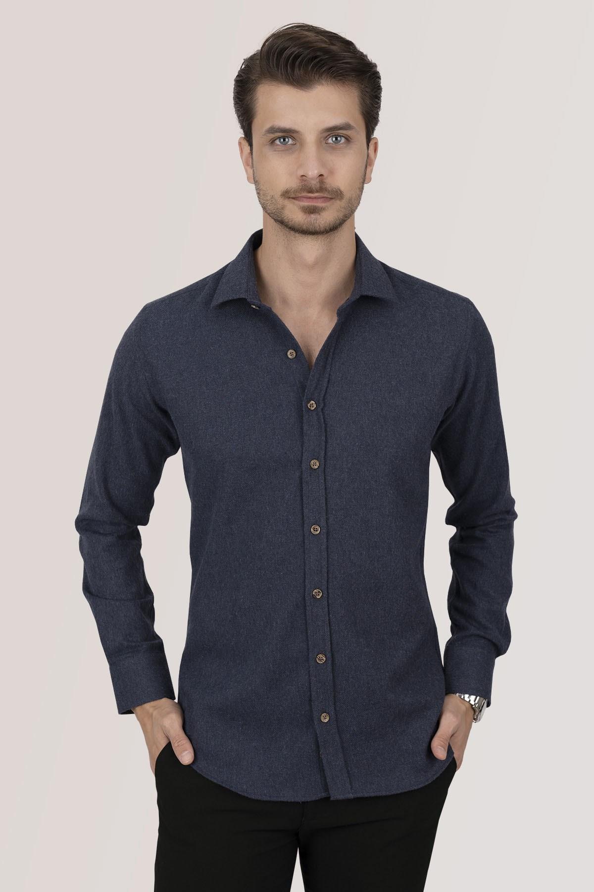 Lacivert Düz Oduncu Slimfit Kutulu Gömlek - 6487 - Justyol