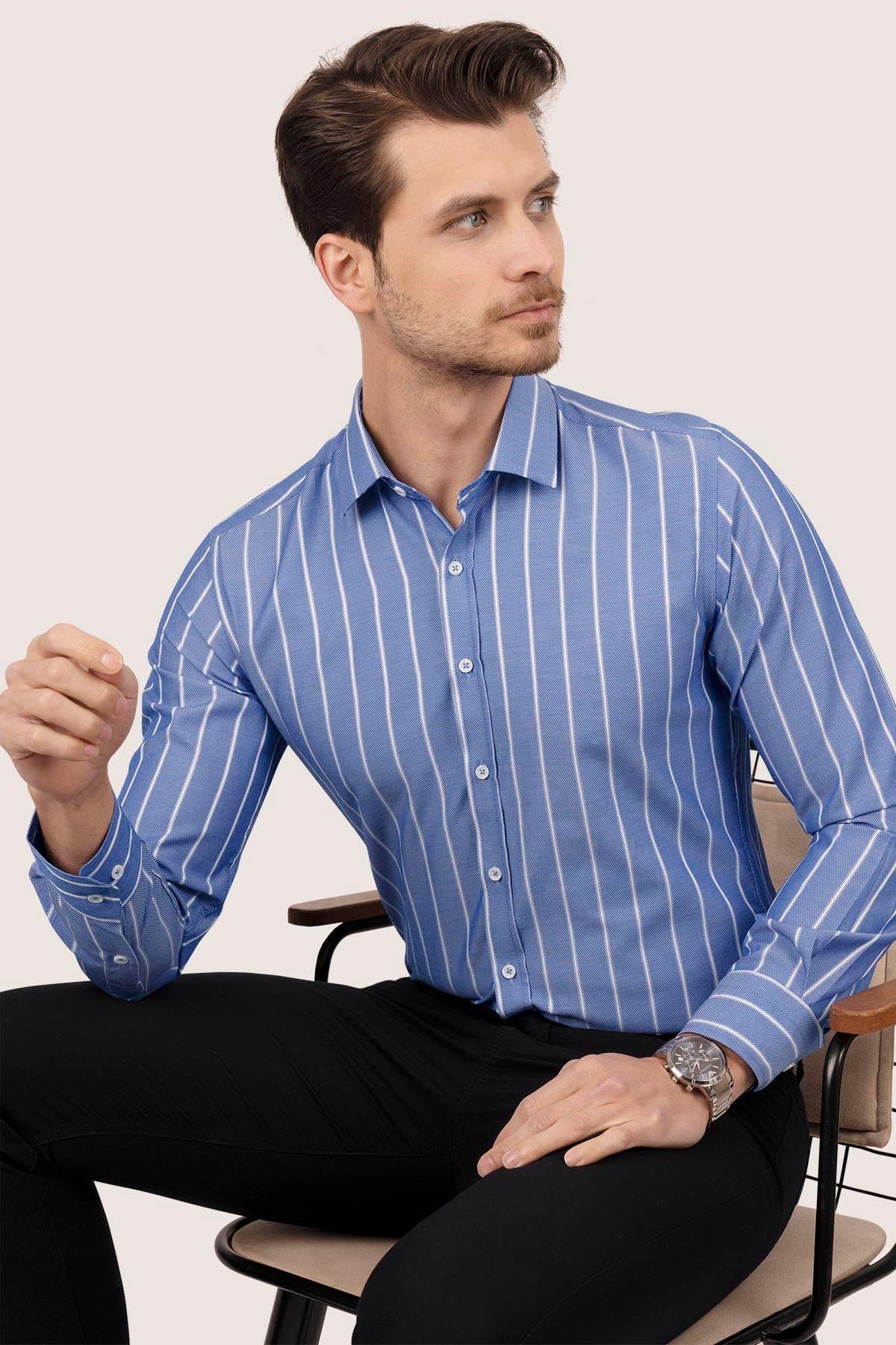 Mavi Beyaz Çizgili Slimfit Kutulu Gömlek - Justyol