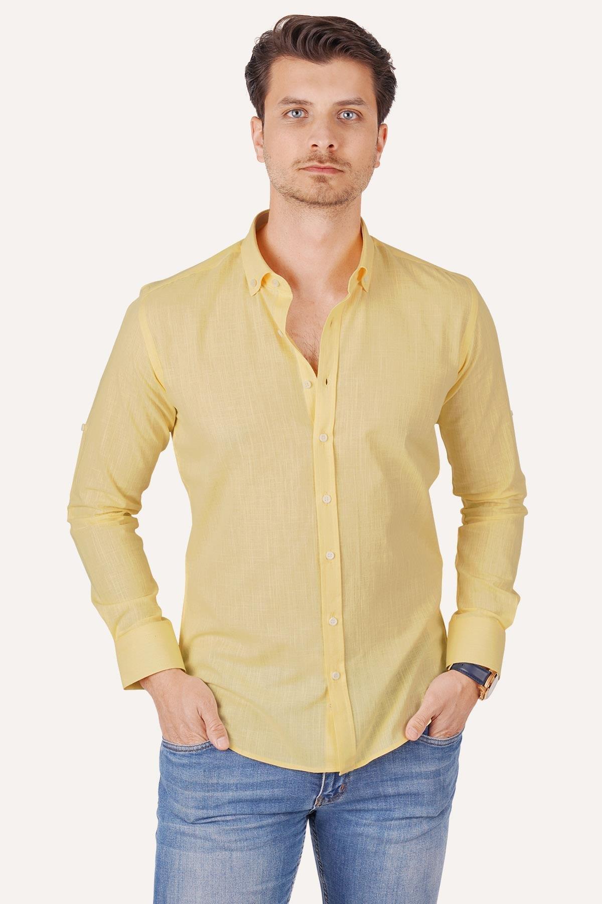 <tc>Chemise slimfit en lin jaune à col avec boutons, en boîte cadeau</tc>