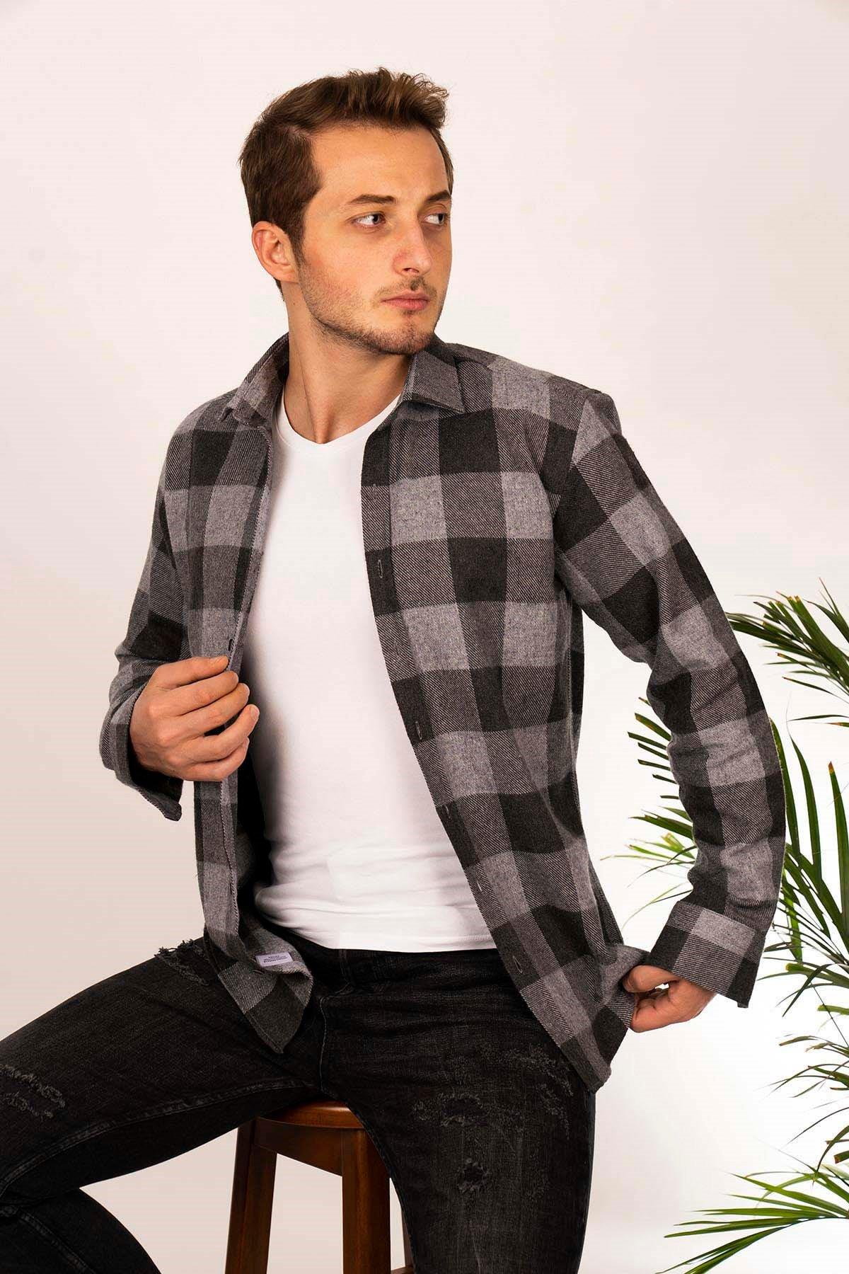 <tc>Chemise slimfit à motif écossais noir et gris, style bûcheron, en boîte cadeau</tc>